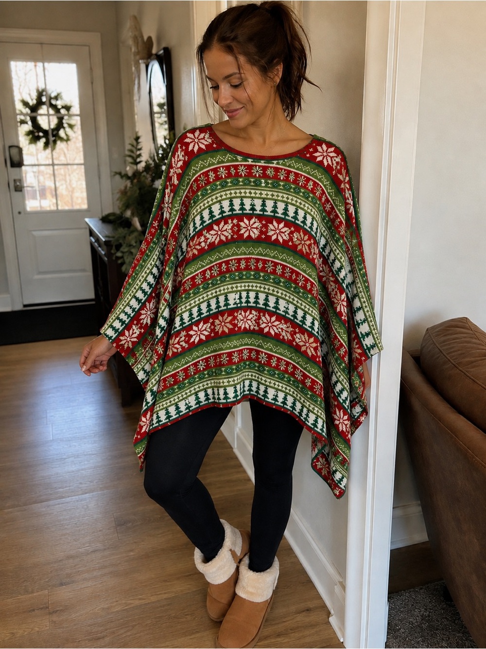 Demdaco Red & Green Fair Isle Knit Poncho